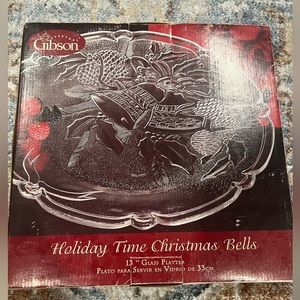 Gibson Round GlassServing Platter 13‎ Inch Holiday Time Christmas Bells.